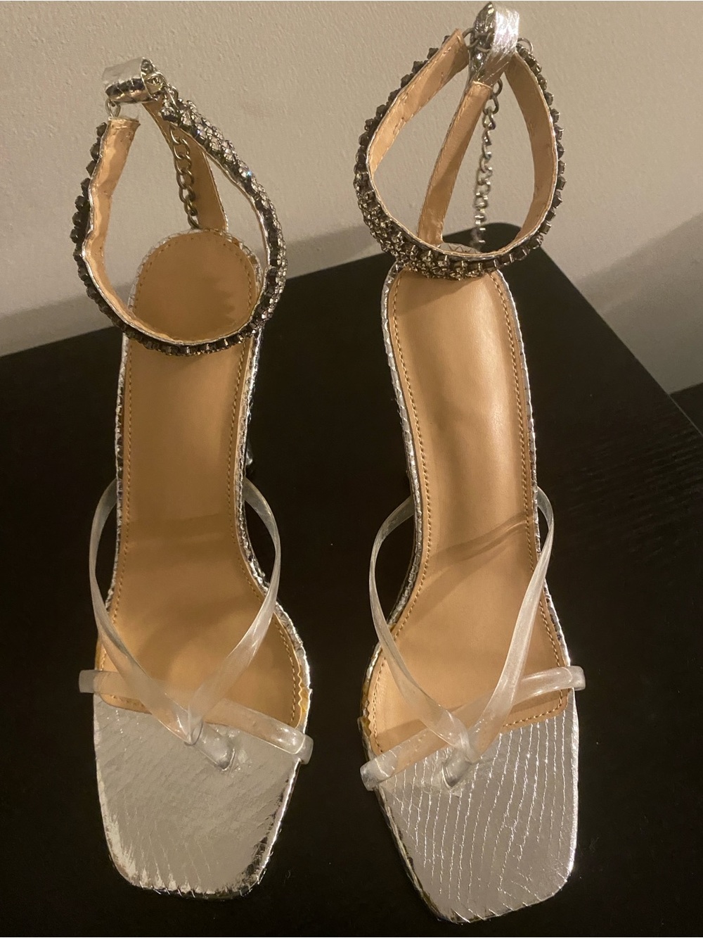 Silver Ankle-Strap Clear Strap Sandals
